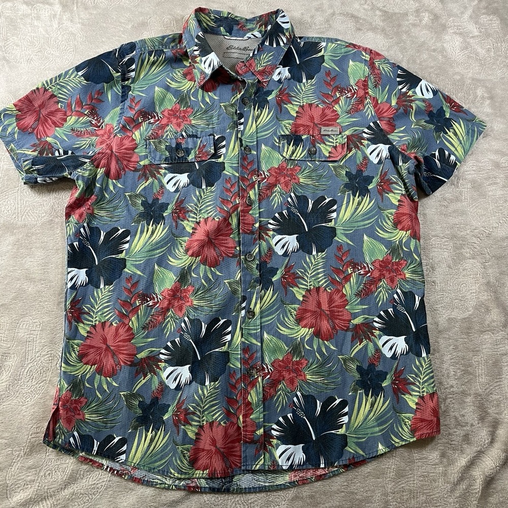 Eddie Bauer Mens Button Front Short‎ Sleeve Hawaiian Shirt Medium